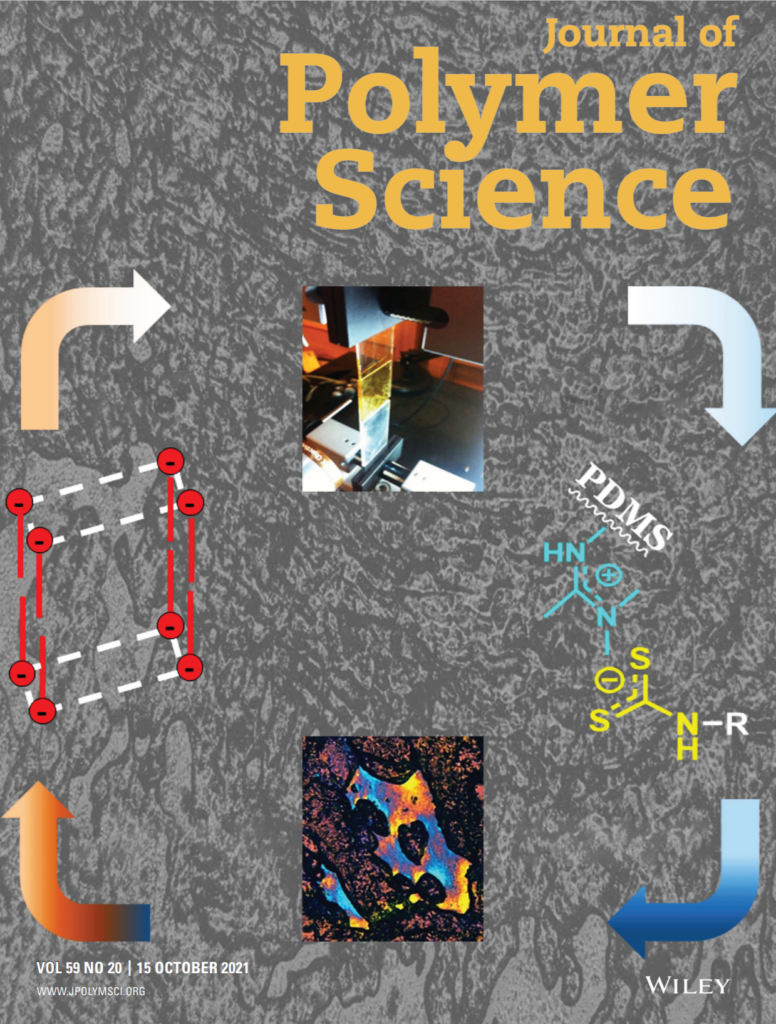 Journal of Polymer Science cover presented by Weiss for the issue his research appears in, featuring a representation of the stages involved in the design and formation of the  ionomers.