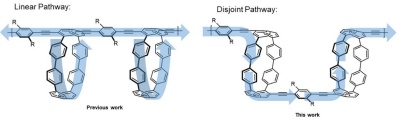 Figure illustrating the previous linear pathway and novel disjoint electronic delocalization pathway