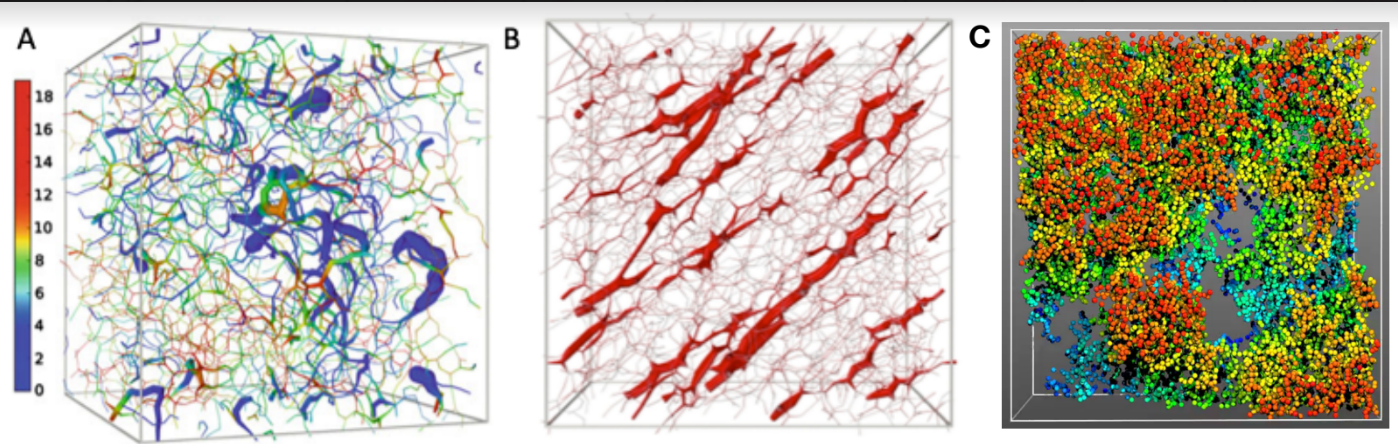 A, B} Spatial map of dynamical heterogeneities obtained in simulations of model colloidal gels. [1,2] C) 3D rendering of a confocal microscopy image of a part of a colloidal gel taken in the Blair lab